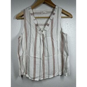 Mine Tank Top Womens Small White Brown Striped Button Back Sleeveless Blouse